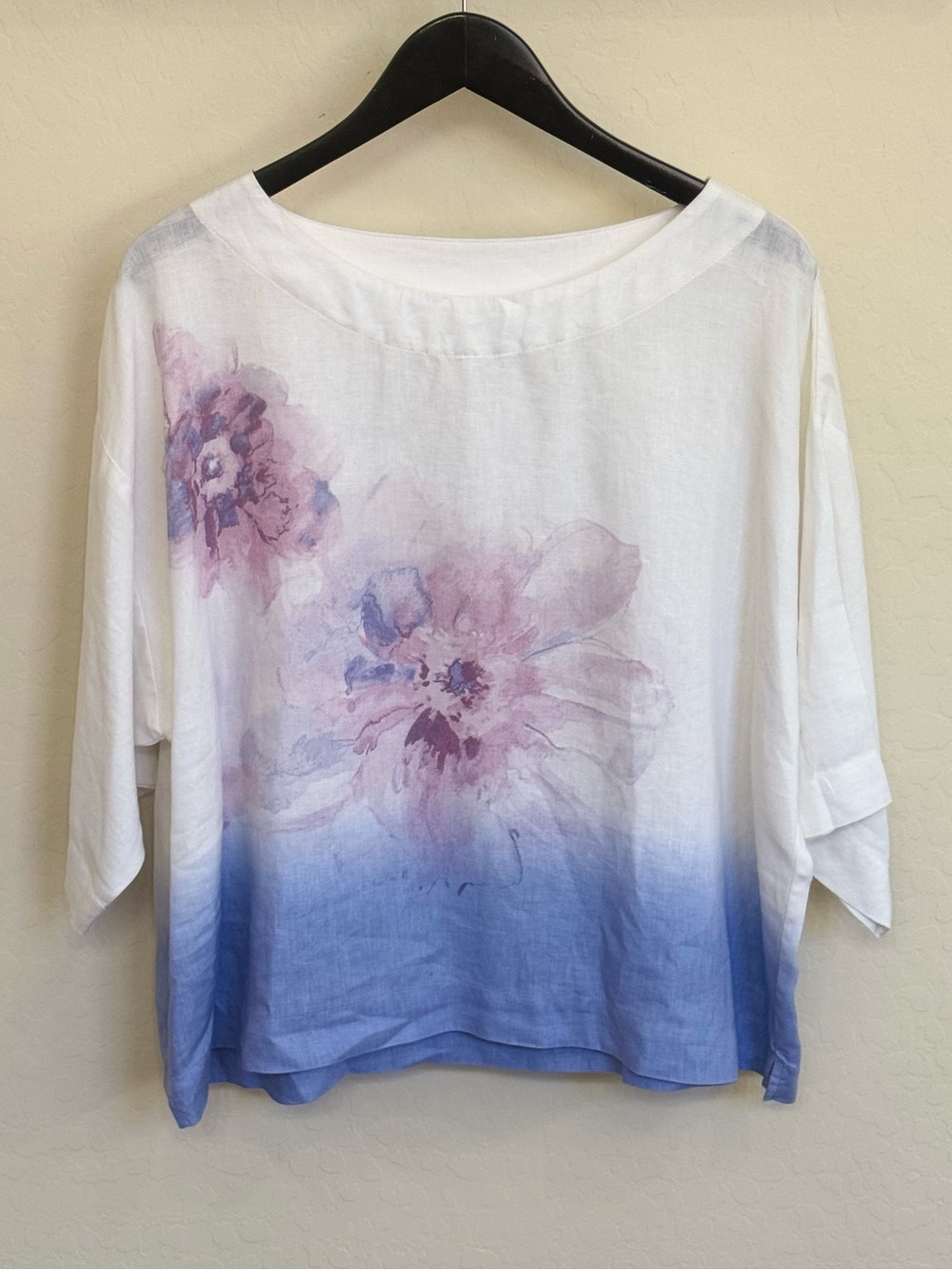 Pure Jill J. Jill Linen Watercolor Floral Ombre Top Sz S White Blue Crop Boxy